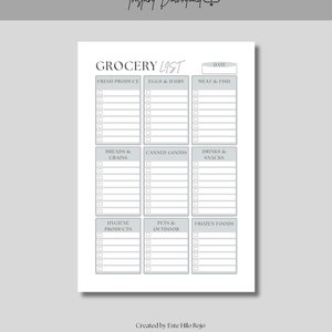 May include: A printable grocery list with sections for fresh produce, eggs & dairy, meat & fish, breads & grains, canned goods, drinks & snacks, hygiene products, pets & outdoor, and frozen foods. The words "Grocery List" and "Instant Download" are at the top.