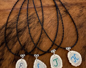 gemstone inlayed antler slice pendant necklace