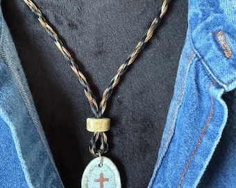 Reversible gemstone inlayed antler slice pendant necklace