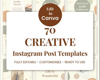 May include: A set of 70 customizable Instagram post templates with a beige background and brown text. The text reads "70 CREATIVE Instagram Post Templates FULLY EDITABLE - CUSTOMIZABLE - READY TO USE".