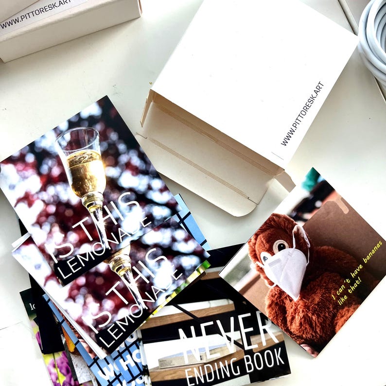 May include: A collection of square art prints and a white cardboard box with the text WWW.PITTORESK.ART. One print shows a champagne glass with the text IS THIS LEMONADE, another shows a brown plush toy wearing a mask with the text I can't have bananas like that!, and a third shows the text NEVER ENDING BOOK.