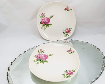 ensemble rétro vintage de deux assiettes Pink Roses 1970's Classic Dinner plates Johnson Australia