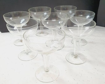 Set of Eight Hollow Stem Retro Vintage 1950's Clear Champagne Glasses Hollow Stem Champagne Glasses retro glass