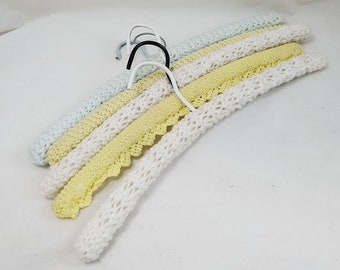Pretty Pastel 1960s Vintage Lemon Crocheted Woolen Covered Retro set of Five Coat Hangers lot Re Cycle reuse