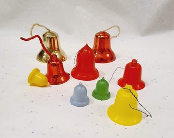 Antique Lot of 9 Vintage Retro Plastics Christmas Tree balls and bells assorted colours 1970s