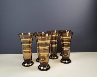 Adorable Amber and Gold Tall Wine Glasses Retro Vintage 1950/'s Glasses set of Six from an elegant era