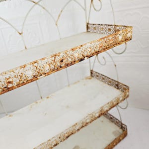 Vintage Retro Shabby White Wire scrolly chippy paint Hanging Shelves Iron Mid century Rustic rack