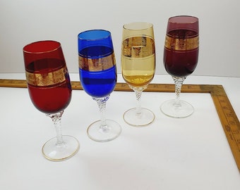 Retro Vintage 1950's Wine Glasses with Stem Rainbow Drinking Glasses Harlequin set of Four