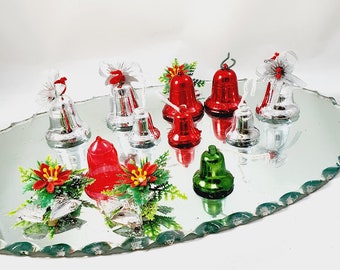 Antique Lot Vintage Retro Glass Christmas Tree bells red green silver 1970s plastic