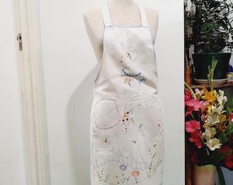 Vintage Retro Antique textile Apron dates from 1940's well worn original antique Long length with blue floral fine embroidery