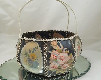 Adorable Black Vintage Antique Folk Art Craft Full Size Basket dates 1940's so pretty fine example plastic and wrapping paper and cards
