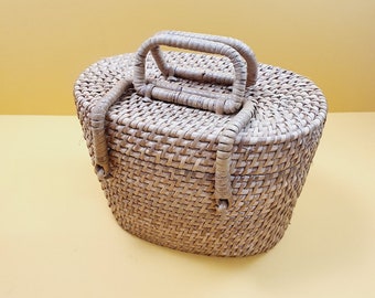 Vintage Retro Adorable Woven Cane Bag Handbag 1950's box handbag textile