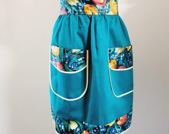 Vintage Retro Apron Brand New Teal Blue with Pattern Floral BNWT 1970s Original