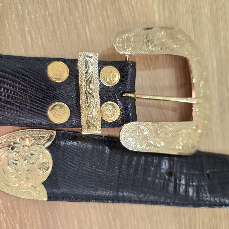 Al beres leather and 22kt plated gold belt. Al Beres western leather belt with gold buckle 22... | Depop main image 3
