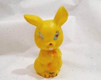 1970's plastic Toy Rabbit with a Carrot hand painted squeaky toy