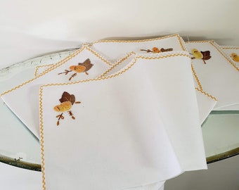 Pretty Vintage Set of Six Retro Linen Serviettes fabulous condition unused Autumn colours Napkins