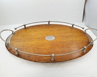 Wooden Retro Serving Tray original 1940's Oak Tray Platter recycle reuse great condition Chrome