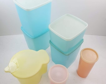 Pretty Pastel Blue and Pink and Yellow Tupperware Retro Kitchen 1950's early plastic stacking set of seven great condition