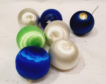 Retro 1980s Christmas Tree Decorations Rainbow Soft White and Dark Blue silk baubles Xmas Balls assorted colours lot of seven