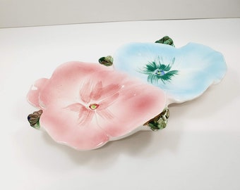 Vintage Japan made glossy ceramic Double Pansy plate 1950s 1960's serving plate