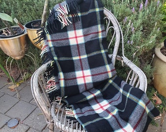 Vintage Retro Onkaparinga Black Pure New Wool 1970s Retro check Tartan Travel Blanket Fabulous colours Made in Australia