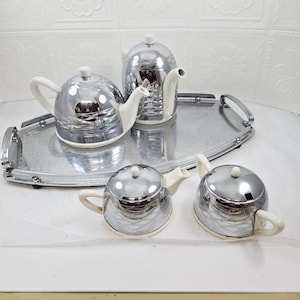 Vintage Everhot termiskt te- och kaffeservisset, art déco krombricka