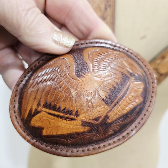 Vintage Tooled Leather Belt With Eagle Buckle, Size 38 - Etsy display picture 1