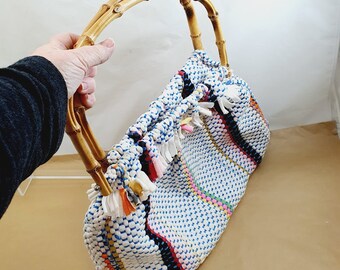 Large Vintage Craft Knitting Tote with bamboo handles dates 1970's so pretty re-use recycle