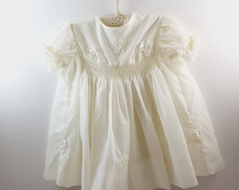 Beautiful Cream Full Gathered and Smocked Voile Child's Doll Dress Christening Gown Dress with Cotton Underskirt