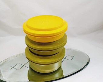 Tupperware Vintage Retro Avocado Green and Yellow Kitchen 1970's early plastic set of Coloured Food Storage set of three