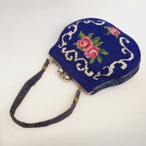 Vintage Leather Antique Roses Tapestry Little Retro Handbag 1940's clean interior gold frame