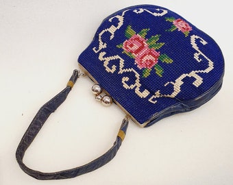 Vintage Antique Roses and Leather Tapestry Little Retro Handbag 1940's clean interior gold frame