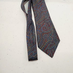 Può includere: Una cravatta blu e rossa con motivo paisley. La cravatta è realizzata in materiale setoso e ha una punta a punta.