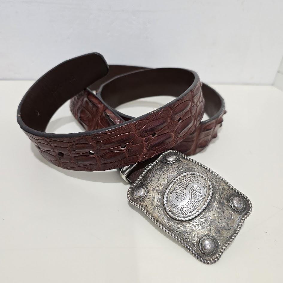 Vintage Alligator Leather Belt, Engraved Silver Buckle (size 