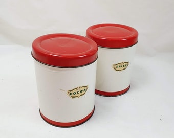 Antique Vintage Retro shabby red lid Tin Kitchen Canisters 1930s set of two Cadbury Brand