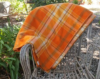 Vintage Retro Orange Check Pure New Wool 1970s Retro check Tartan Blanket Fabulous colour Made in Australia