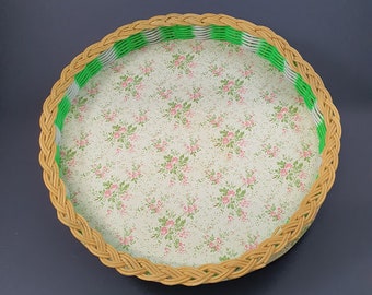 Retro Serving Round Drinks Tray White Cane original 1970's floral Colourful green and white recycle