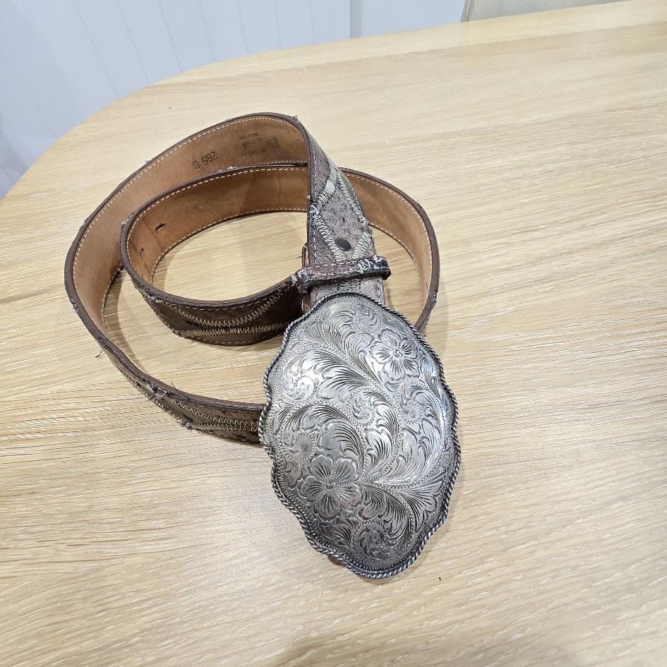 Vintage Mexican Sterling Silver 'overlay'engraved Buckle Belt