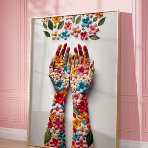Floral Hands Art Print – Surreal Flower Illustration, Vibrant Botanical Wall Art, Unique Digital Print for Home Décor, Feminine Aesthetic.