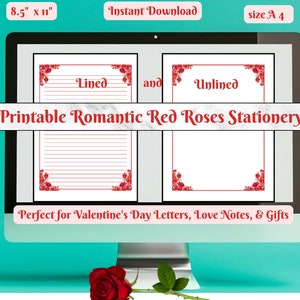 Printable Red Rose Stationery Set | Lined & Unlined | Letter Writing, Notes and Craft Projects | Instant Download, A4 and 8.5x11, Valentines
