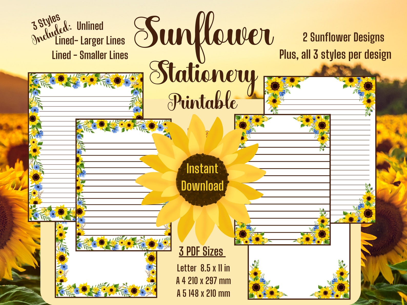 Printable Stationery Sunflower Design, Printable Sunflower, Letter ...