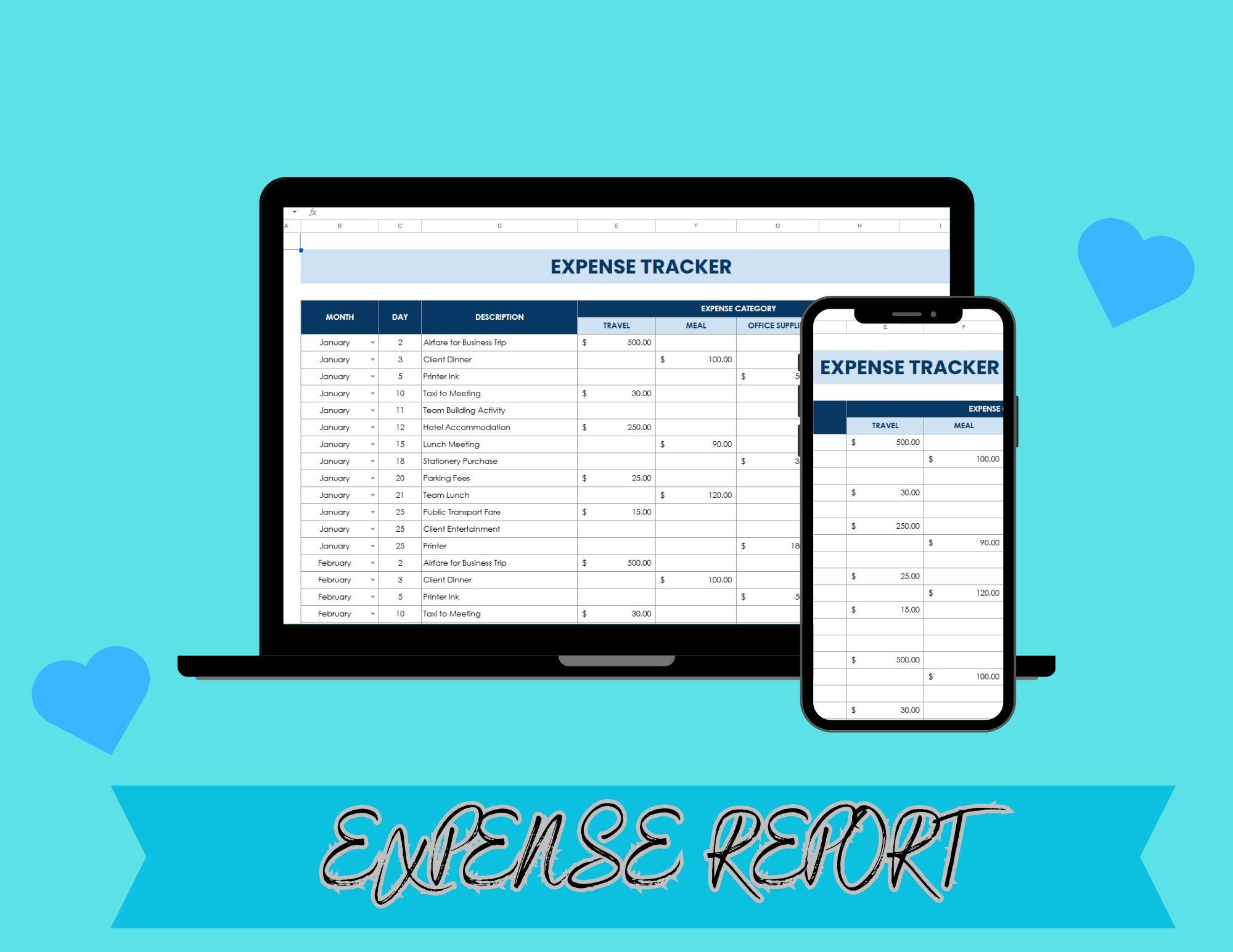 Expense Report, Google Sheets Template for Business and Personal Budget ...