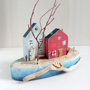 Driftwood Art, Mini Wooden Village, Coastal Home Decoration,Unusual Gifts Women,Beach House Decor,DRiftwood Gift,Miniature Houses,Drift Wood