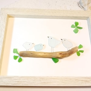 Sea Glass Art/Authentic Greek Sea Glass Picture/Bird&#39;s Family/Beach Glass Crafts/Coastal Wall Art/Seaglass /Family Gift/Mothersday Gift