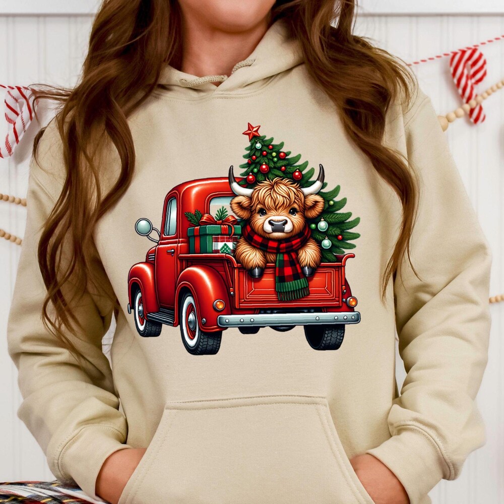 Cow Women Hoodie, Highland Cow Sweatshirt, Christmas Hoodie, Cow Lover Sweatshirt,Christmas Cow Hoodie, Cow Lights Sweatshirt, Farm Xmas Livingmall