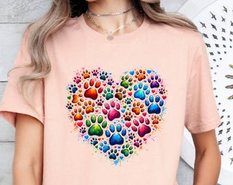 Colorful  Dog Paw Heart  Shirt, Dog Owner Gift  Tee,