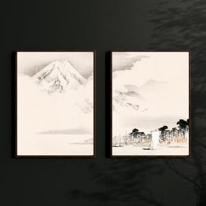 Vintage Japan Print, Fuji Printable Wall Art, Set of 2 Neutral Posters, Japandy Decor, Living Room Wall Art, Asian Retro Digital Download