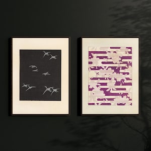 Set of 2 Vintage Japanese Posters, Set of 2 Poster, Vintage Paintings, Sakura Birds Painting, Minimalistic Asia Decor, Printable Wall Art