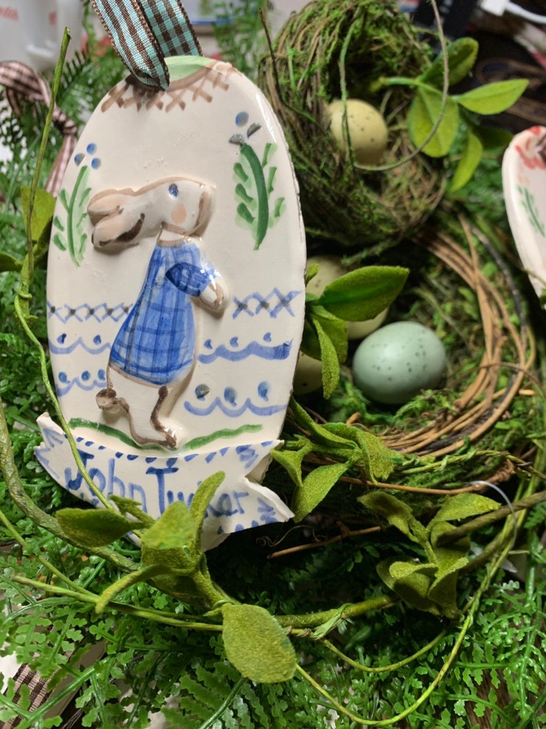 Easter Ornament, Bunny on Egg handmade , Gift for Kids , Personalized Easter Ornaments, Made From Fired Clay, image 8