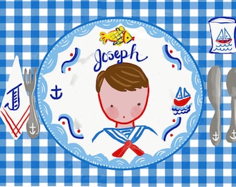 Laminated Placemats. Blue Gingham Placemat, Double sided, Placemats,  Table Decor ,personalized, Sailor Boy